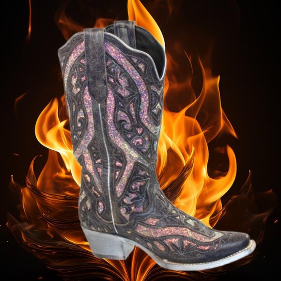 JB Dillon Reserve Black Distressed Midnight Sparkle Inlay Tall Boot Size 8.5 - Picture 1 of 12